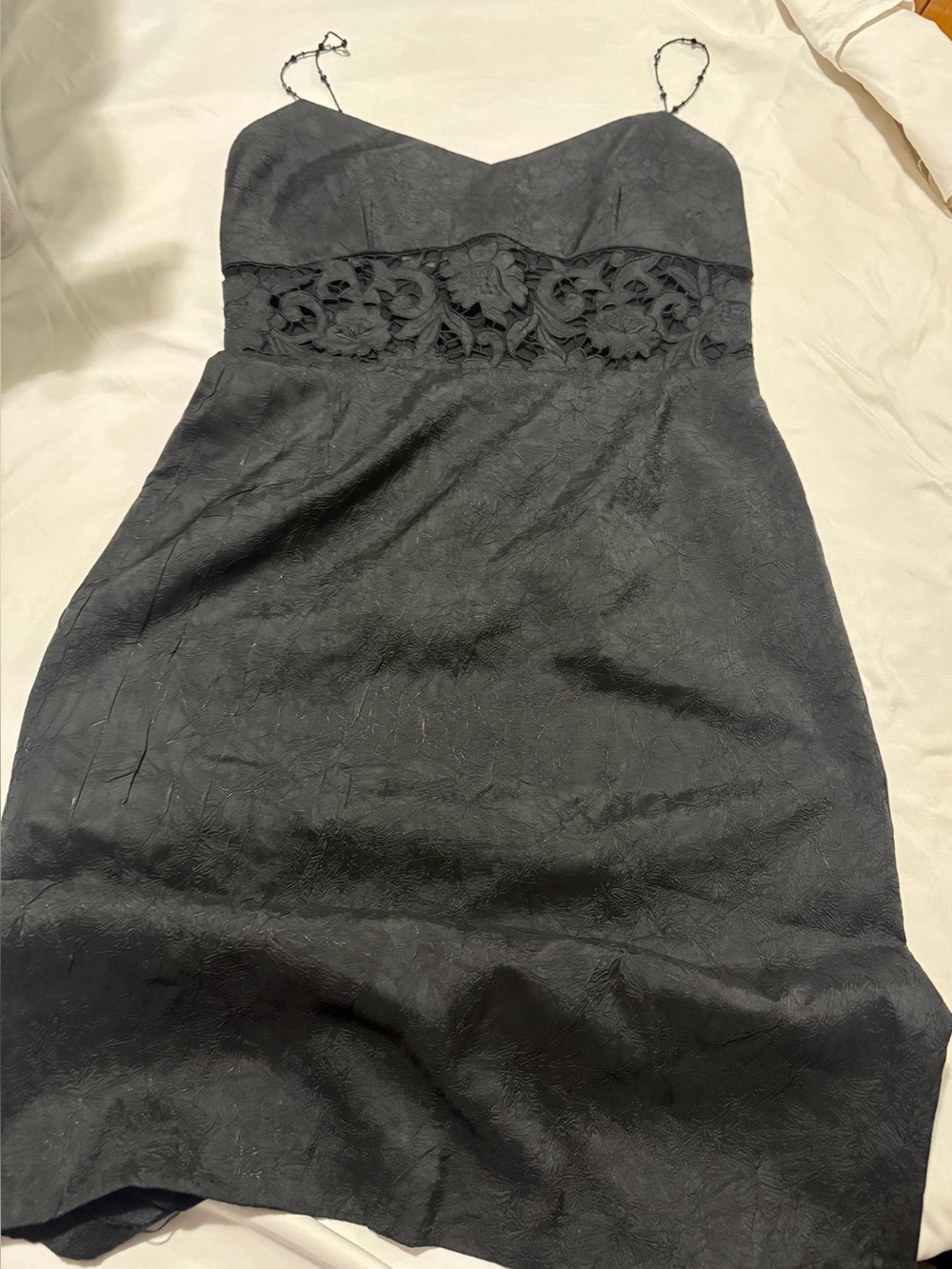 Kay Unger Black Spaghetti-Strap Mini Dress with Lace Waist